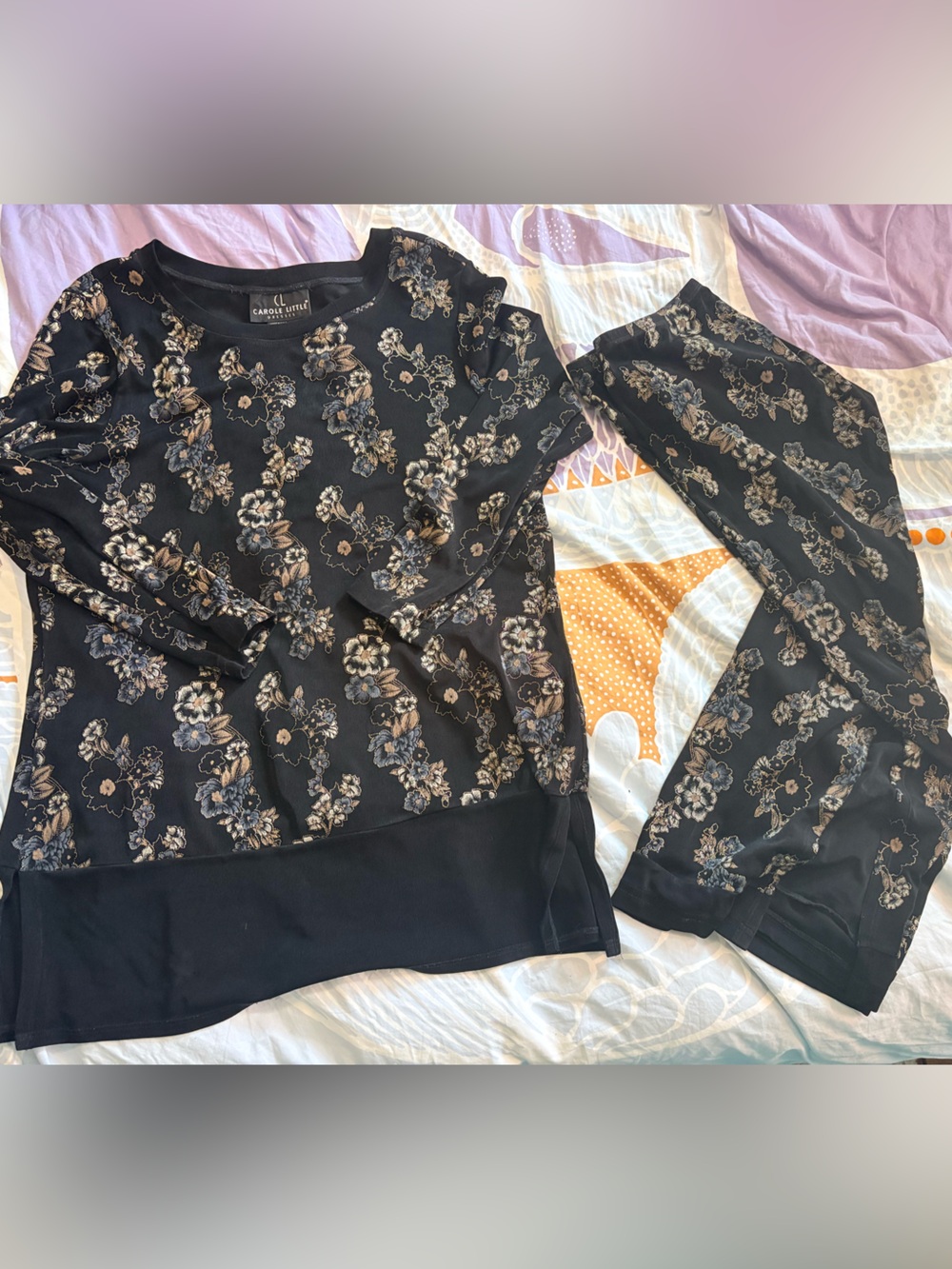 Amazing Vintage Carole Little Black Floral Knit Two Piece